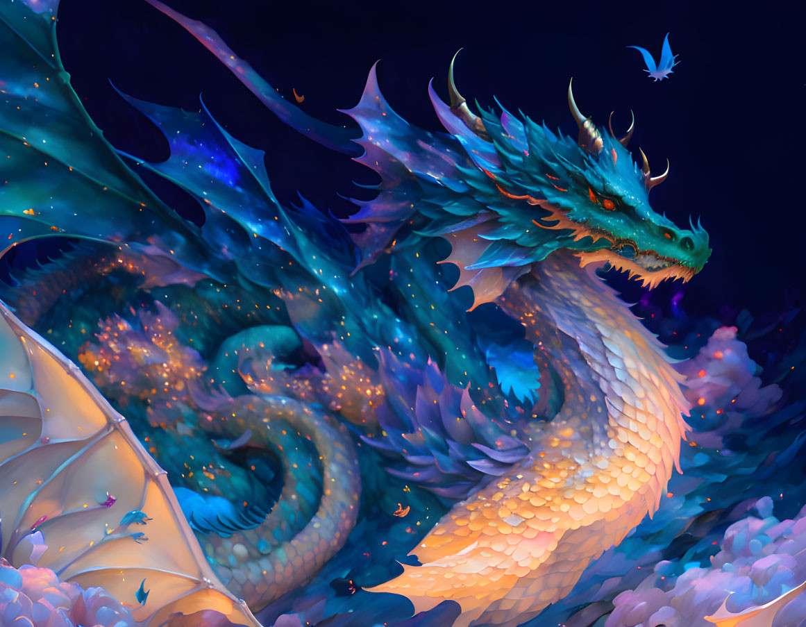 Majestic dragon with teal scales flying with tiny bird in night sky