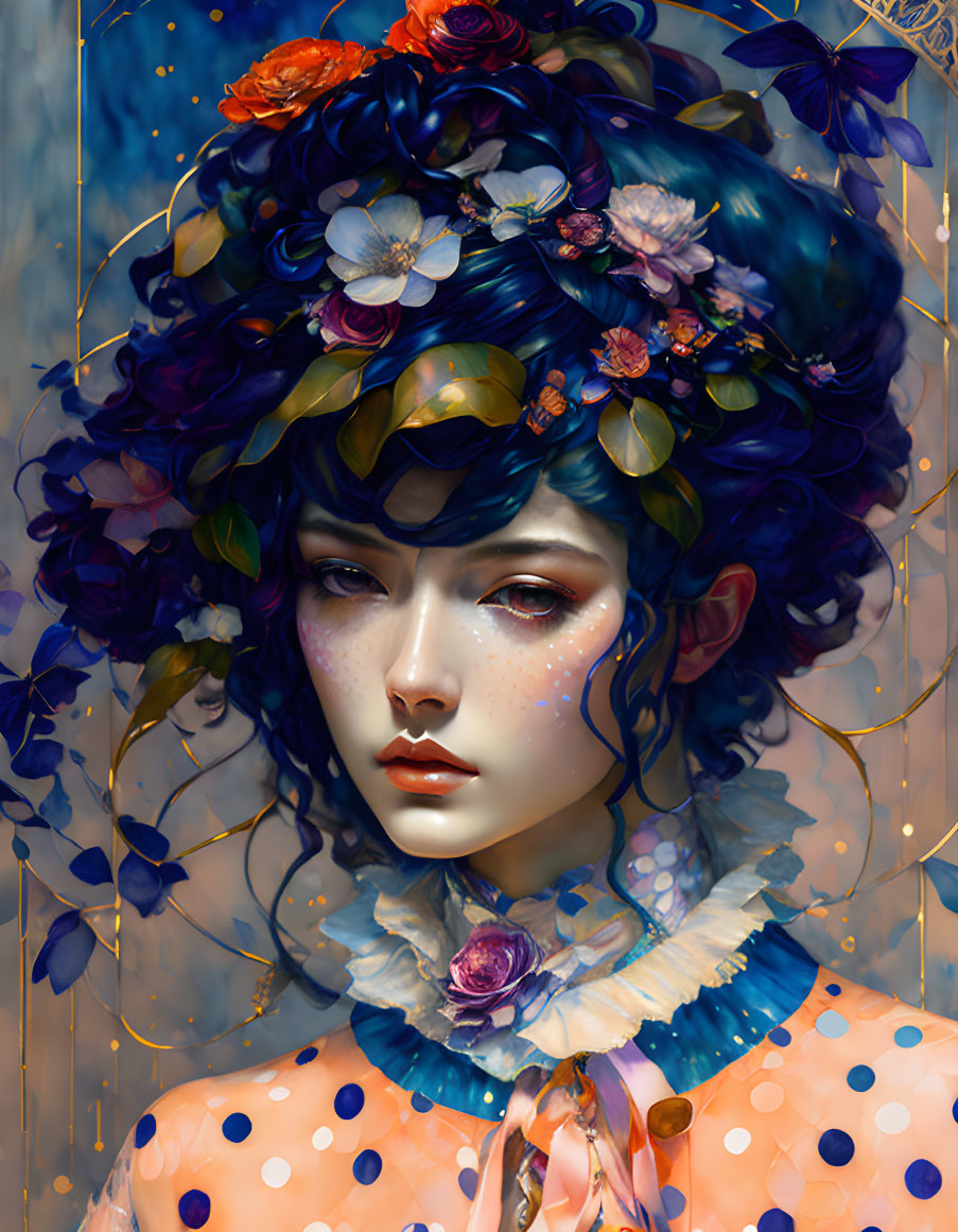 Surreal portrait: person with blue hair, multicolored flowers, orange blouse, lace collar