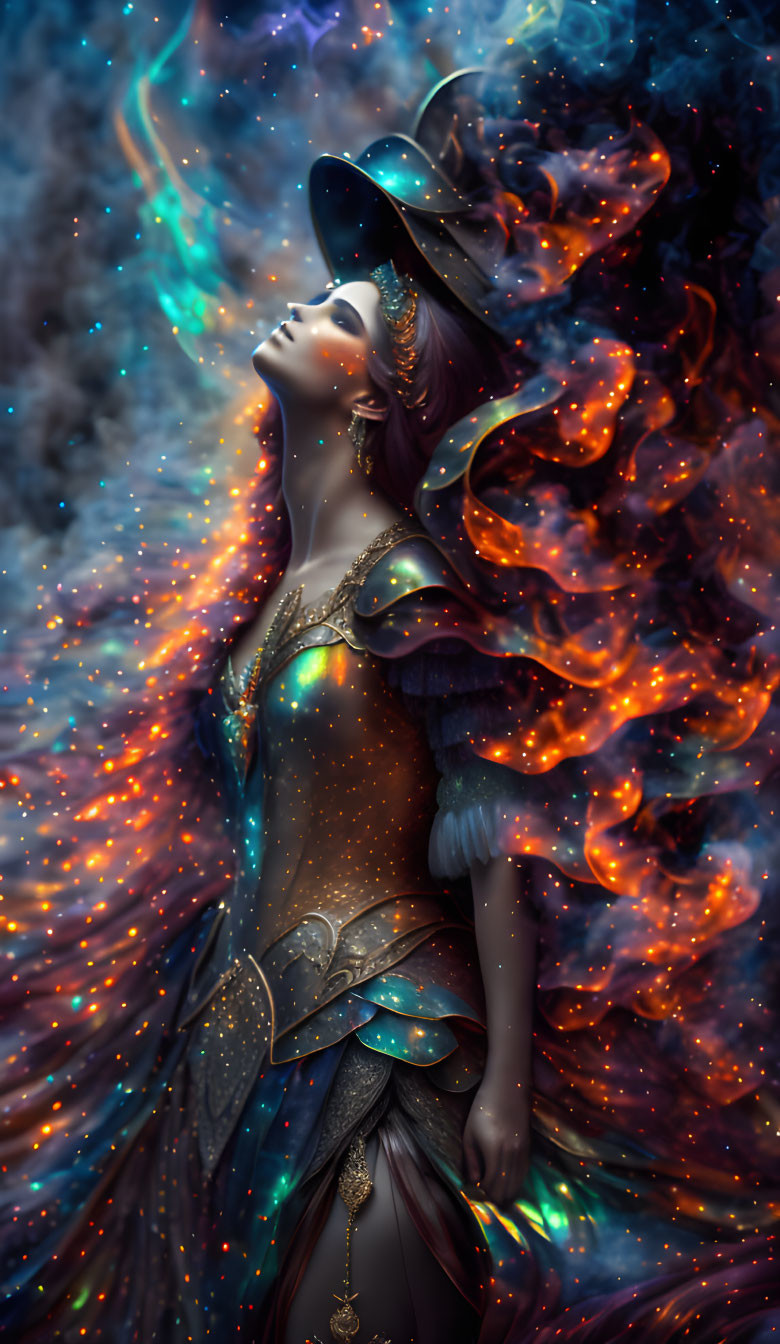 Mystical woman in cosmic attire with flowing dress and nebula swirl