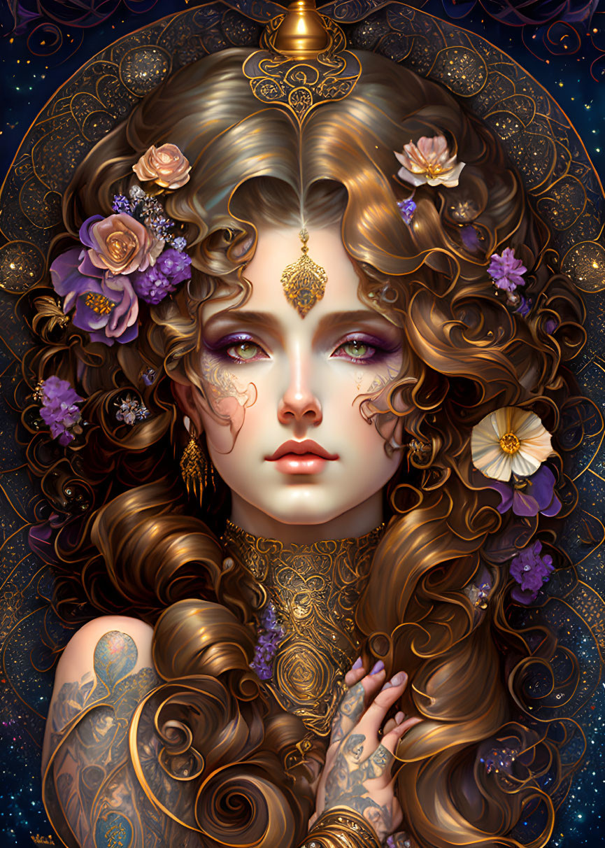 Woman with gold jewelry, tattoos, flowers in hair against starry night.