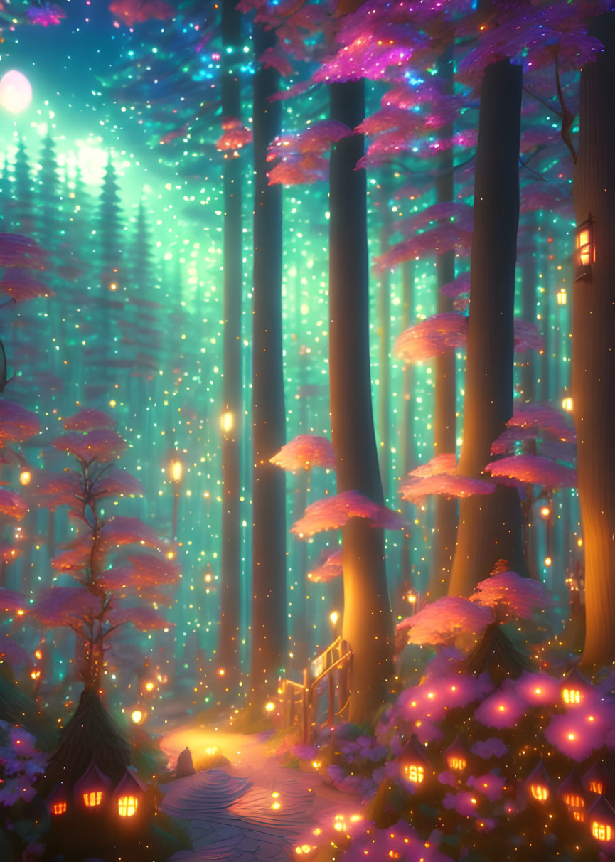 Enchanting forest scene with glowing mushrooms, starlit sky, and magical lights