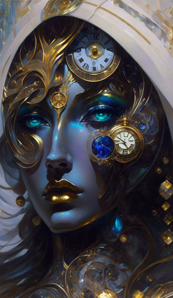 Surreal steampunk portrait with clock elements and blue gemstones