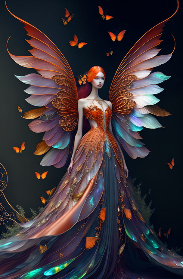 Colorful woman with butterfly wings in elegant gown surrounded by smaller butterflies