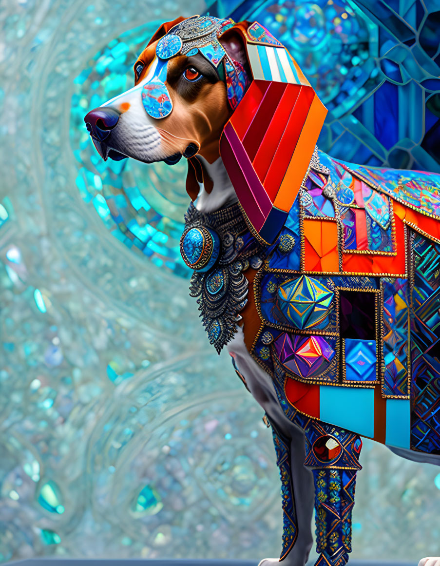 Vibrant digital artwork of stylized dog with geometric patterns on blue backdrop