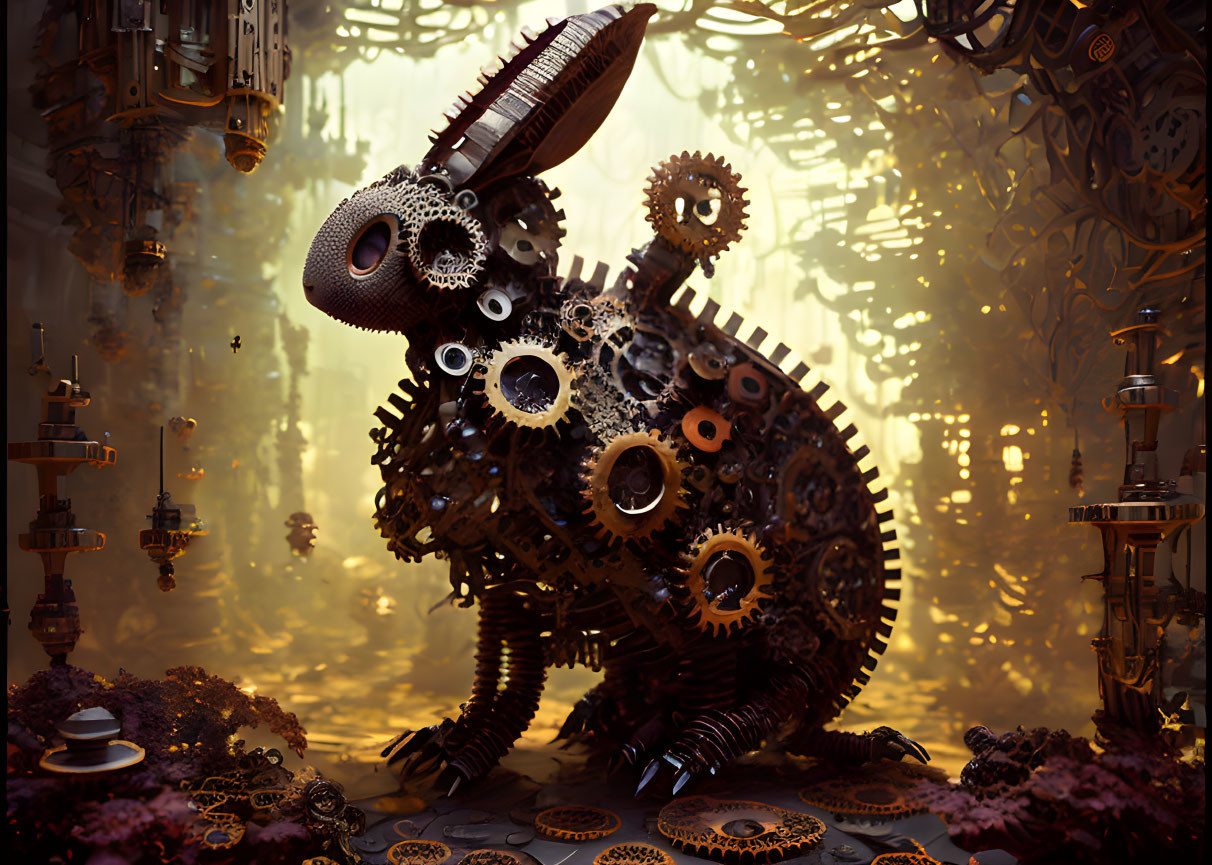 Intricate mechanical chameleon amidst industrial cogwork structures