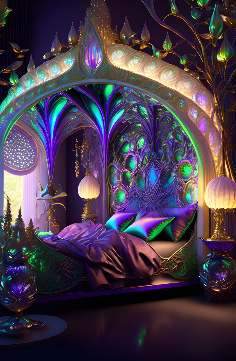 Luxurious Fantasy Bedroom with Canopy Bed and Peacock Decor