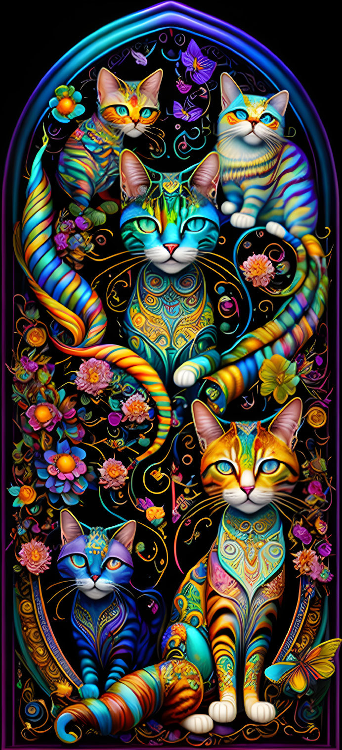 Colorful Artwork: Five Patterned Cats in Floral Arch