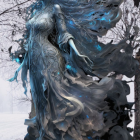 Ethereal woman with blue hair in snowy forest landscape.