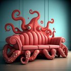 Surreal pink and red octopus on classic sofa against teal background