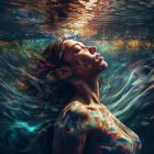 Woman Submerged in Water Surrounded by Colorful Glowing Fragments