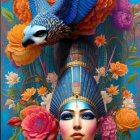 Ornately adorned woman with golden jewelry and bird-like headdress among vibrant flowers