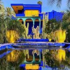 Twilight Moroccan garden with traditional architecture, intricate tile work, lanterns, and reflective pool.