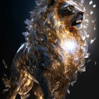 Majestic lion-like creature with wings, gold and blue patterns, holding a golden orb against dark