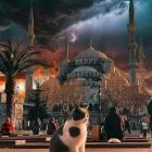 Giant cats in lamp-lit city street with looming hurricane