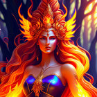 Fantasy woman with flaming crown and golden headpiece on fiery background