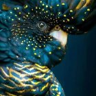 Mystical woman in feathered headdress against dark backdrop