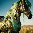 Majestic black horse with gold ornaments in golden sky.