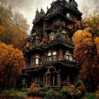 Whimsical fantasy house amidst autumn trees at dusk