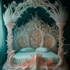 Intricate surreal throne with glowing accents in dark green room