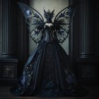 Regal figure in dark ornate armor in grand gothic-style hall