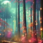 Enchanting forest scene with glowing mushrooms, starlit sky, and magical lights