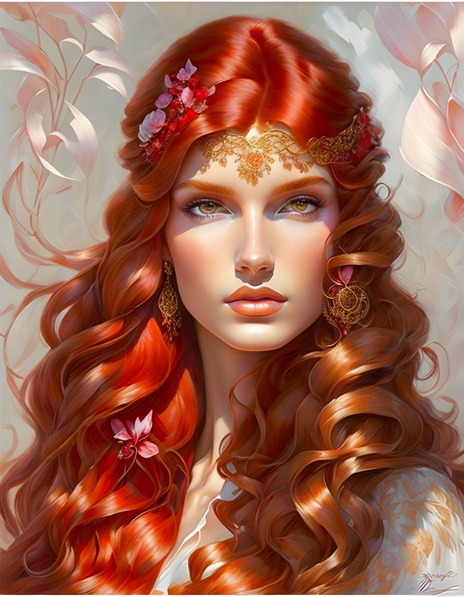 Digital illustration: Woman with red hair, pink blossoms, and gold jewelry