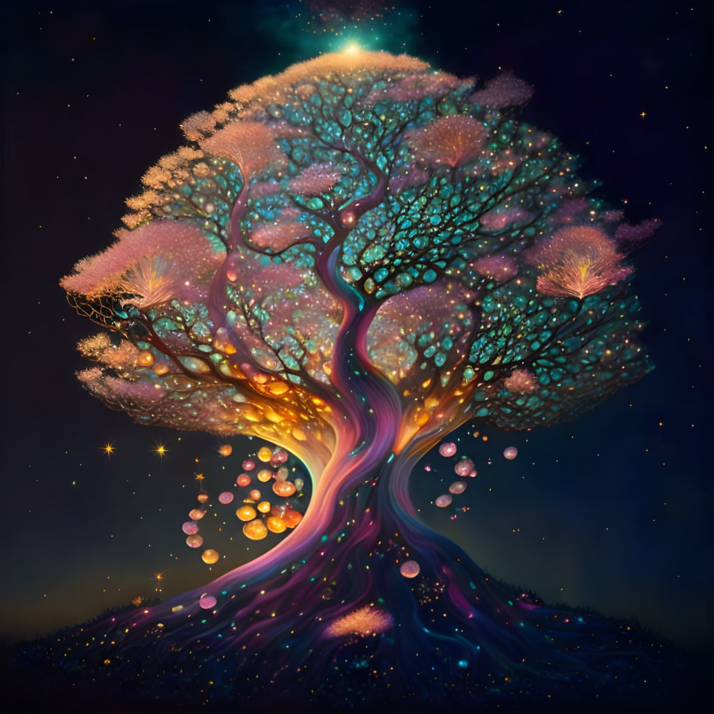 Surreal tree with neural pathway branches in starry night sky