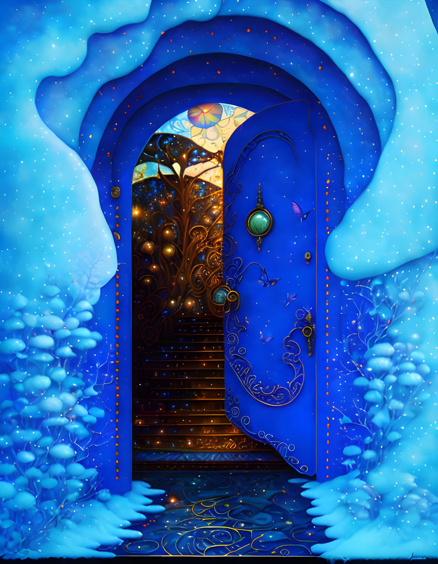 Intricate blue door leading to snowy archway under starry sky