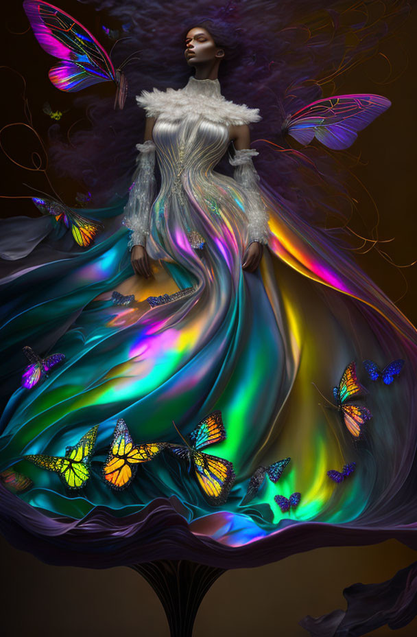 Woman in flowing gown with vibrant butterflies on dark backdrop