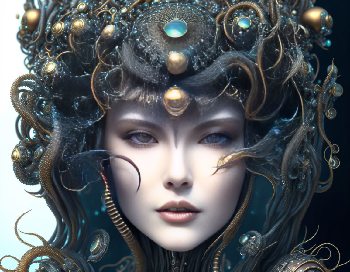 Intricate golden headdress on woman in digital artwork