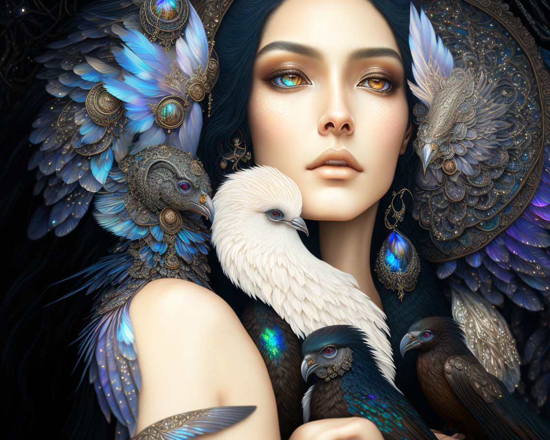 Digital Artwork: Woman with Vibrant Bird Feathers and Realistic Birds on Dark Background