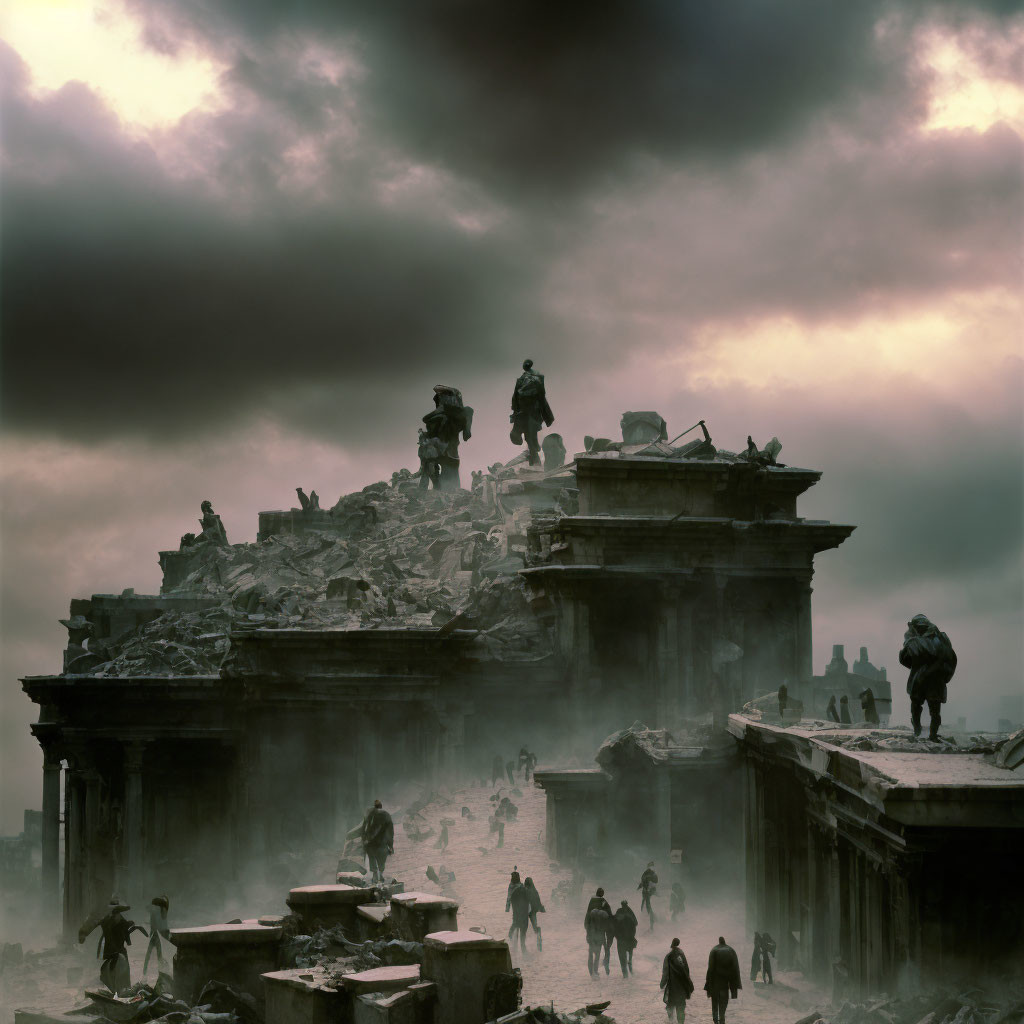 Desolate apocalyptic scene with ruined buildings and survivors.