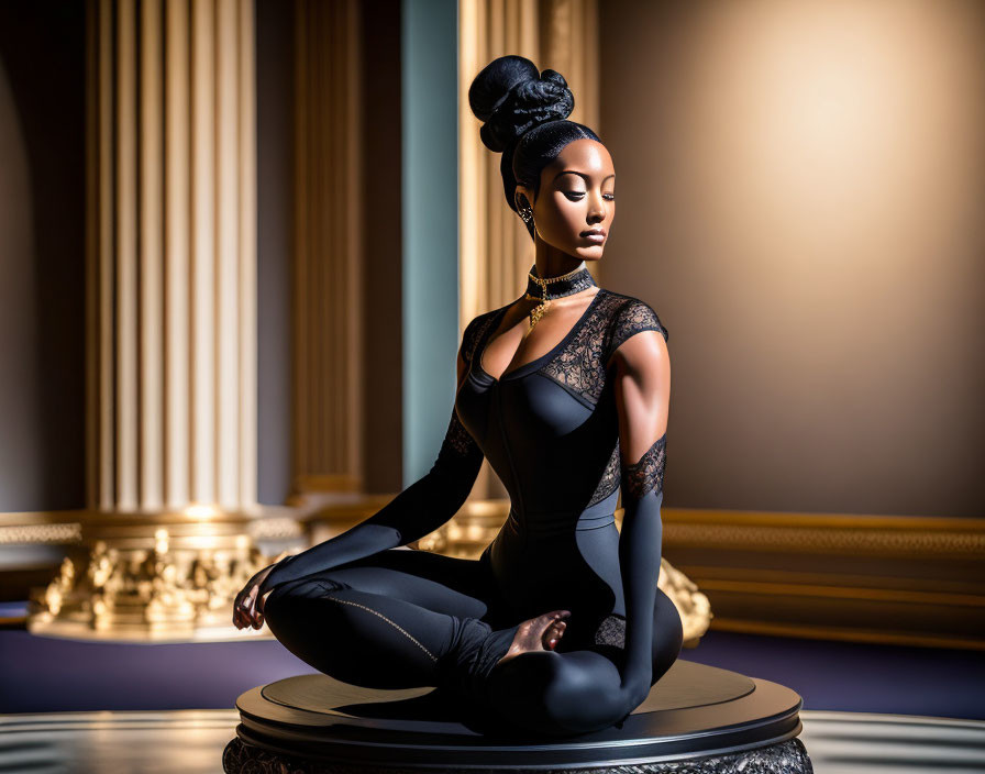 Stylized female figurine in black outfit on pedestal with columns