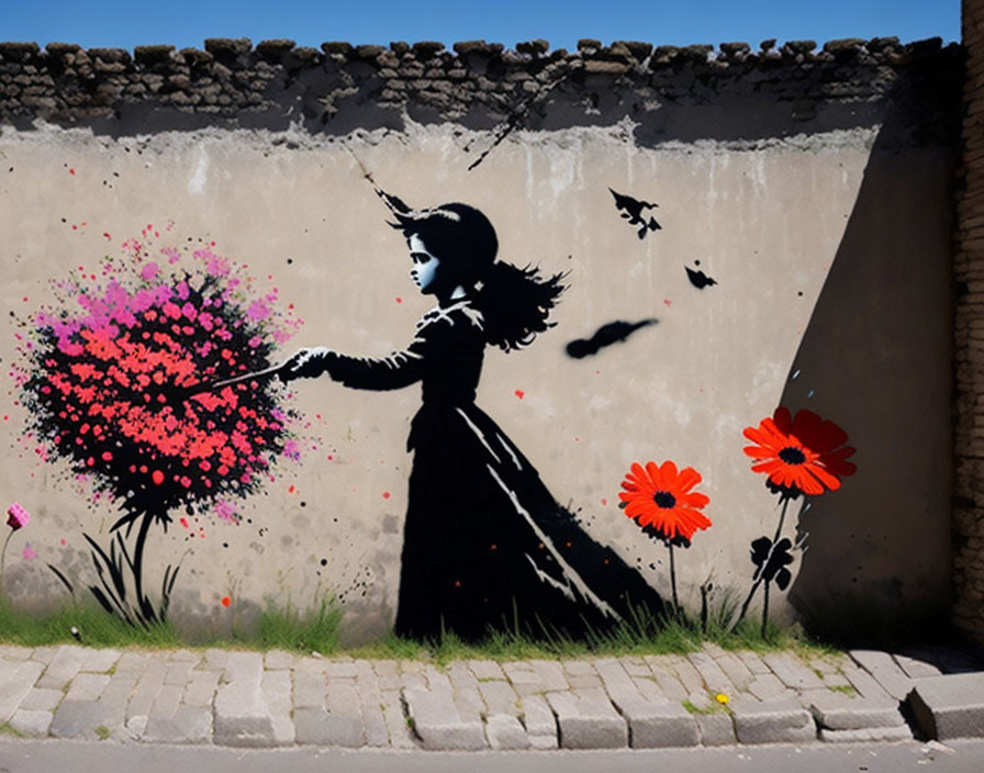 Colorful graffiti of girl in dress reaching bright flower explosion on concrete wall