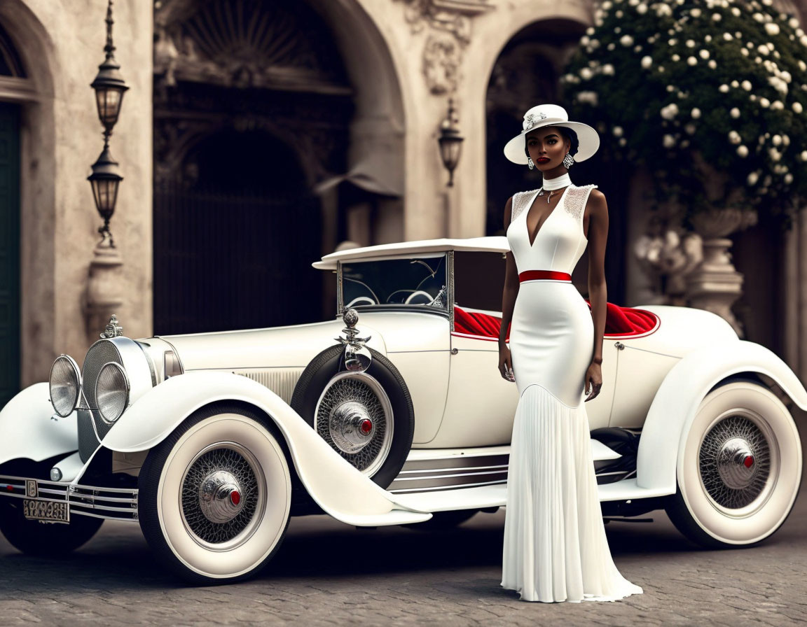 Vintage White Dress Woman with Classic Convertible Car