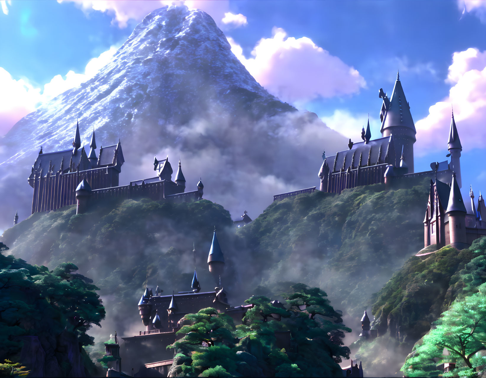 Majestic castle on green hill with snowy mountain and colorful sky