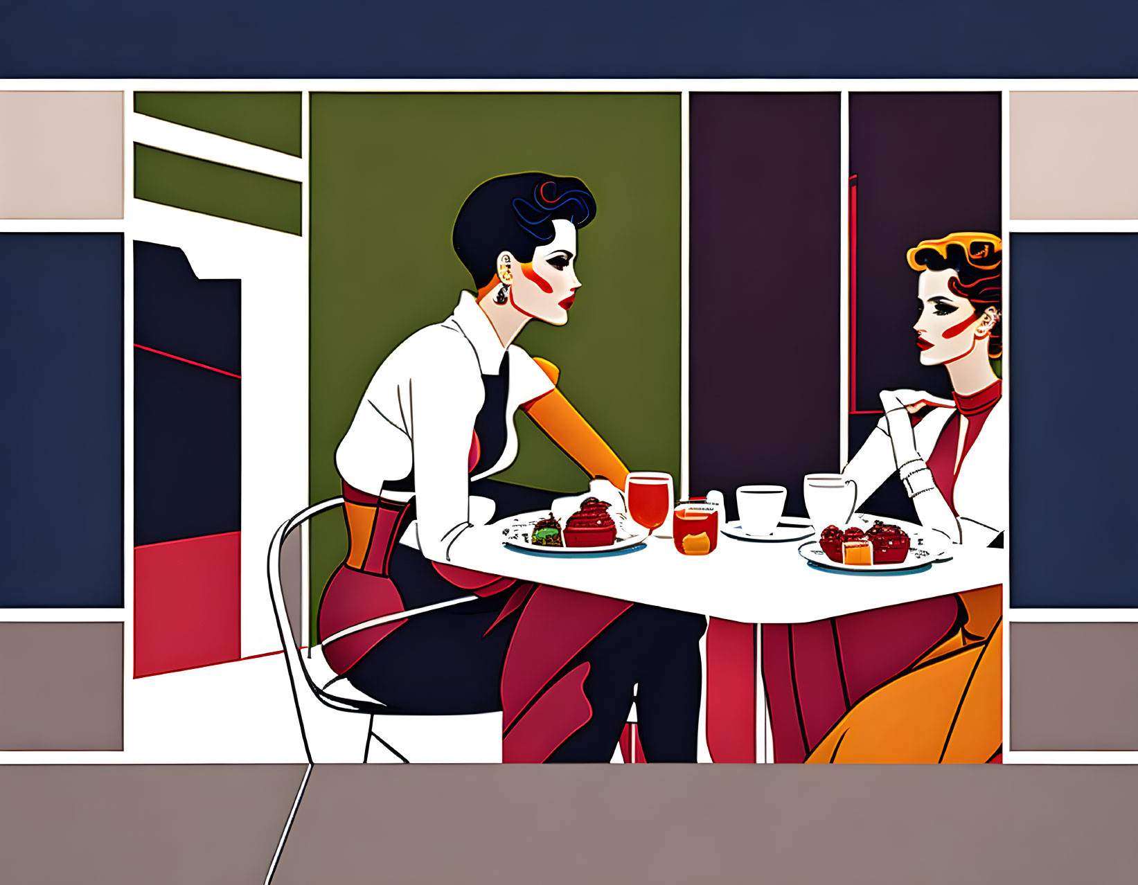 Stylized women at cafe table in elegant dresses with drinks and dessert