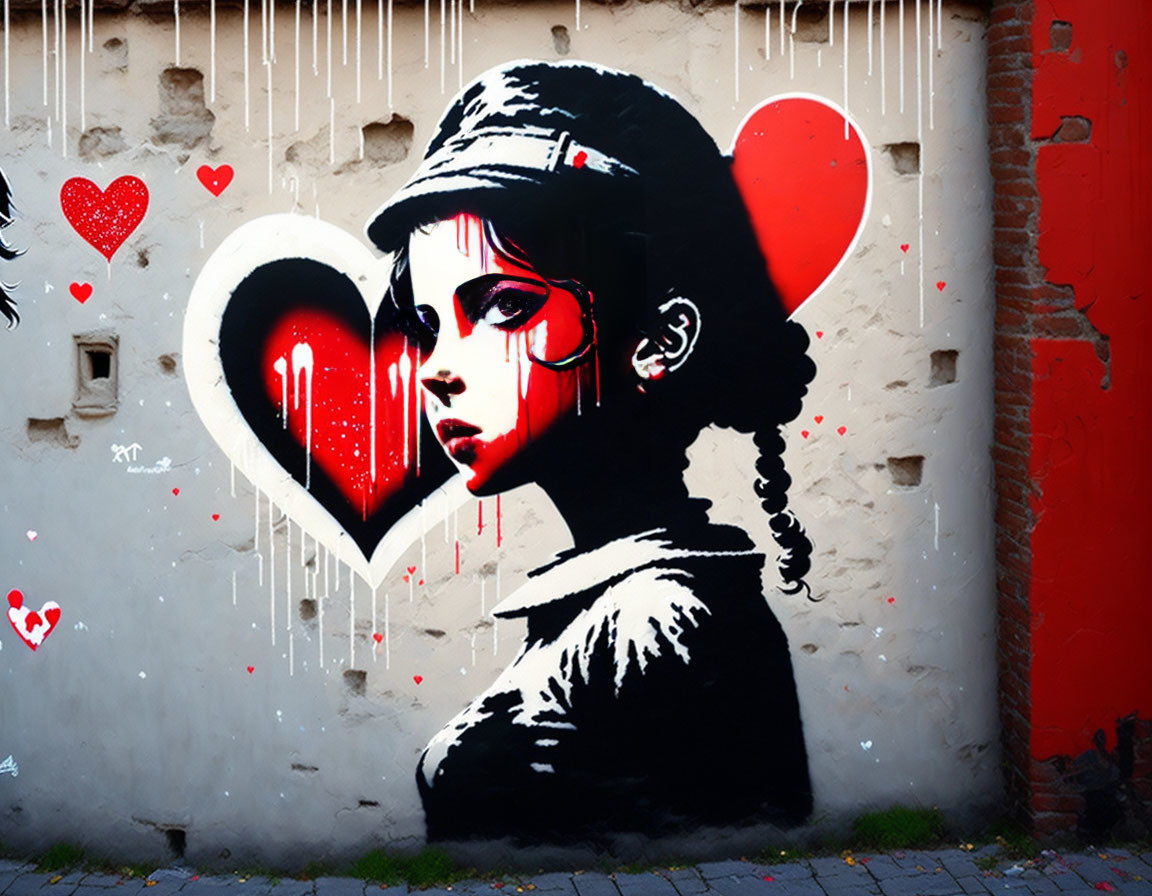 Stylized woman mural with heart motif on brick wall