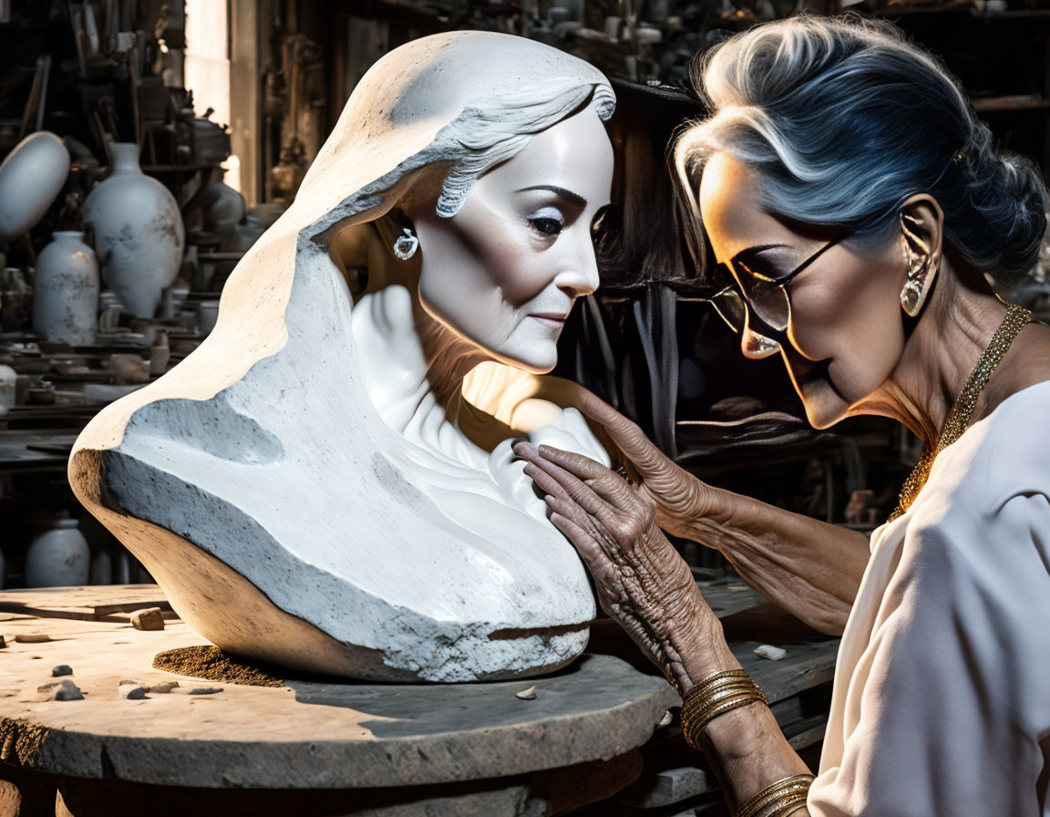 Elderly woman examining realistic sculpture in workshop