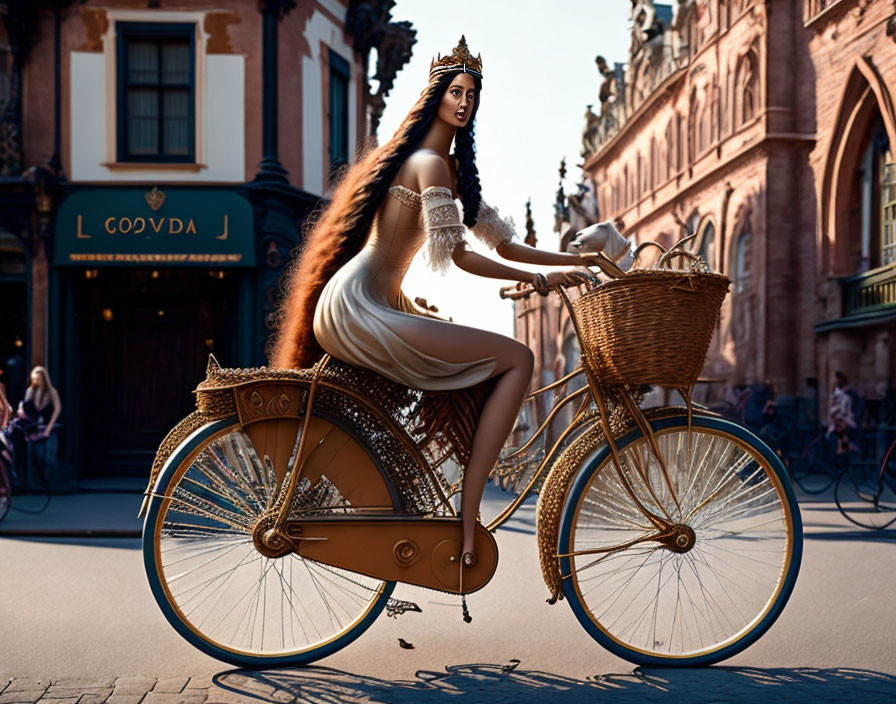 Woman in white gown and tiara on retro bicycle with wicker basket at sunset