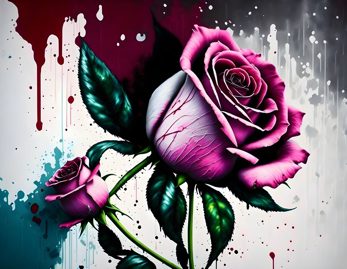 Colorful digital artwork featuring purple rose and bud amid dynamic ink splatters