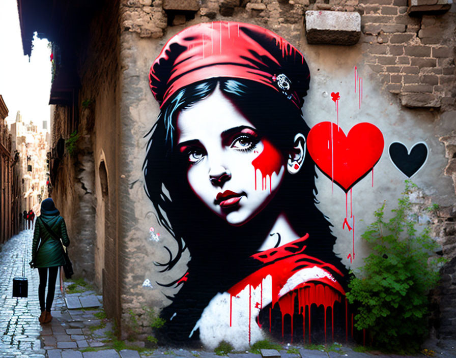 Colorful street art mural featuring woman with red accents in narrow alley