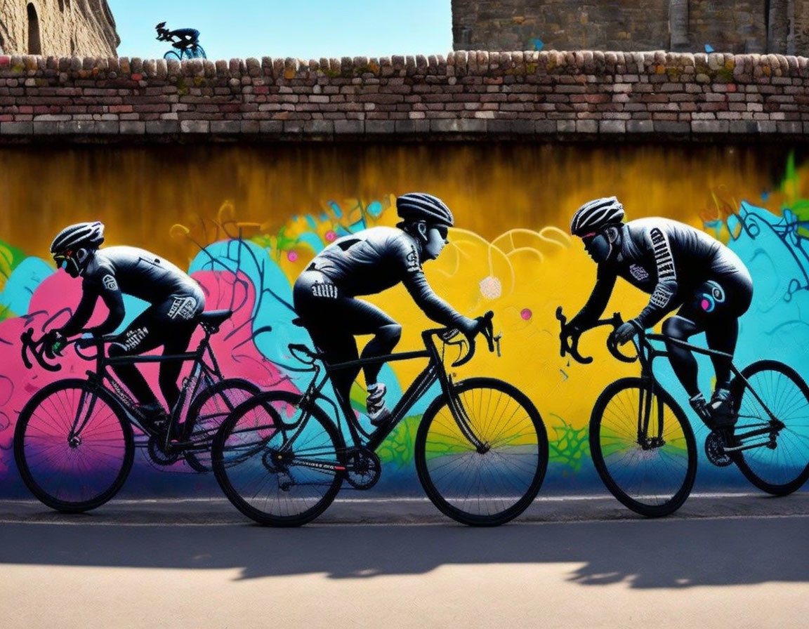 Three cyclists in black gear passing colorful graffiti wall with biker silhouette.