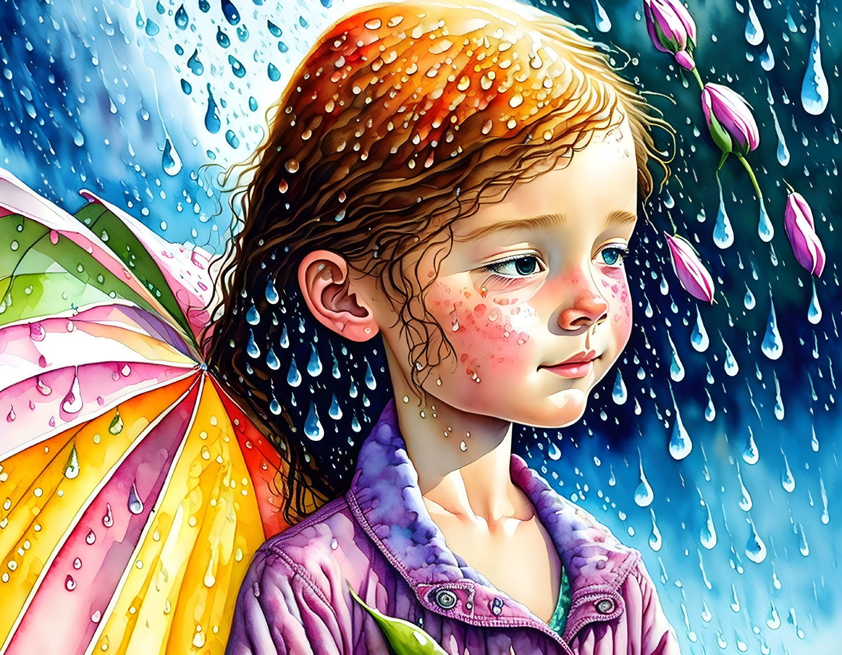 Young girl with colorful umbrella in rainstorm.