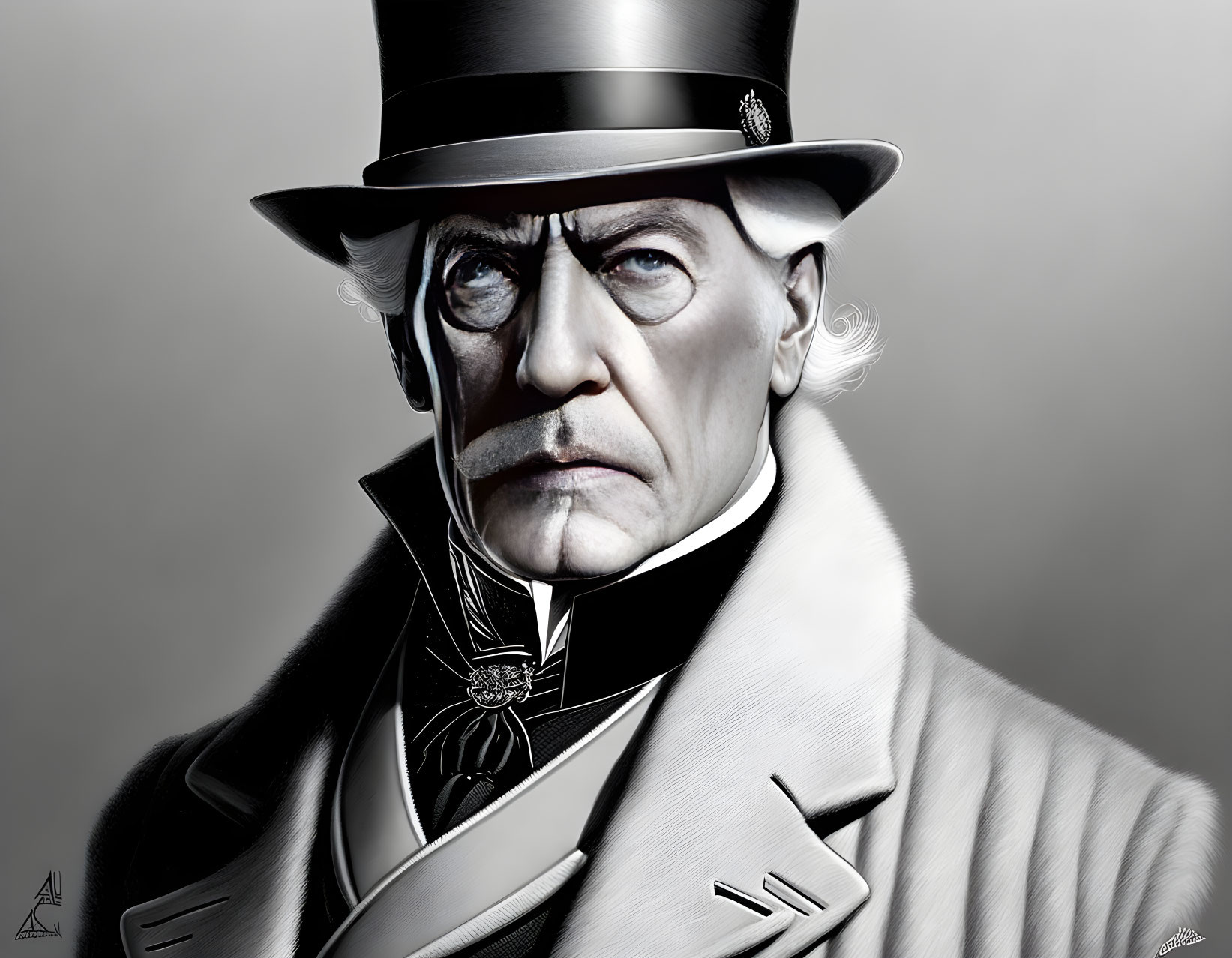 Monochrome digital artwork: Stern gentleman with top hat and monocle