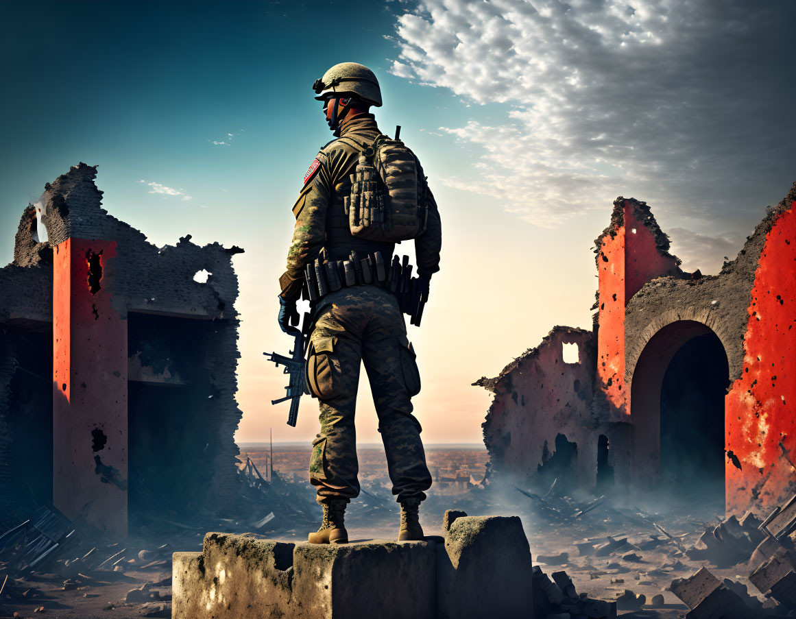 Soldier in combat gear amid ruins under dramatic sky with rifle.