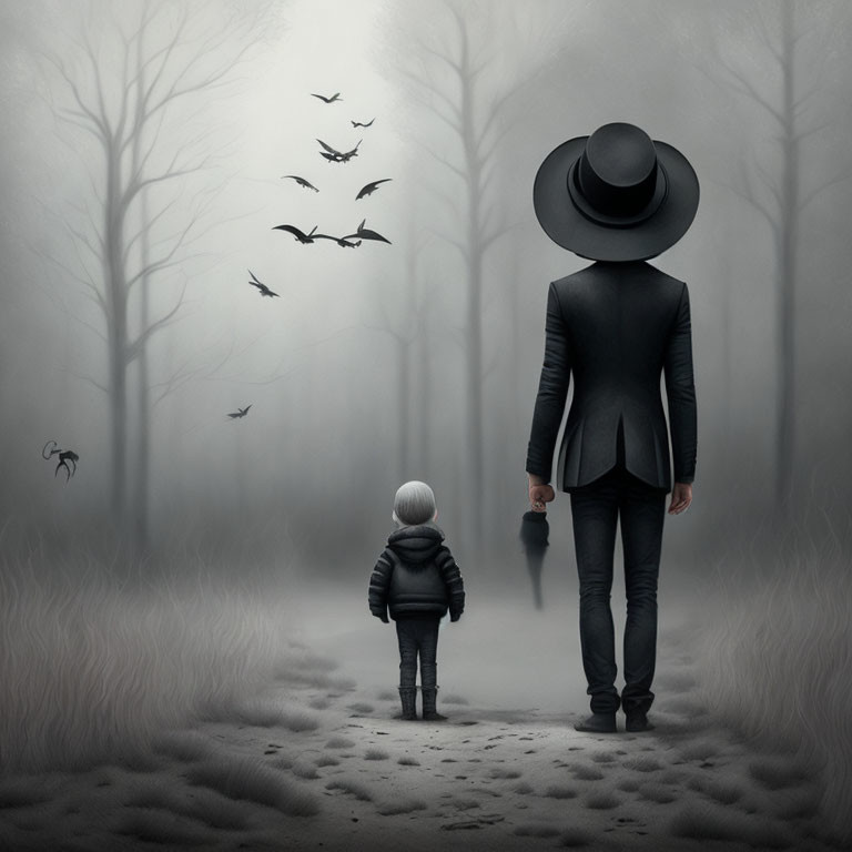 Adult and child on foggy path with bare trees and birds overhead