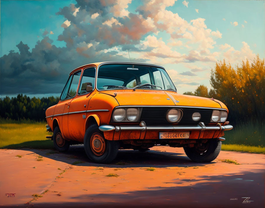 Classic Orange Car Parked on Path with Green Grass and Trees at Sunset