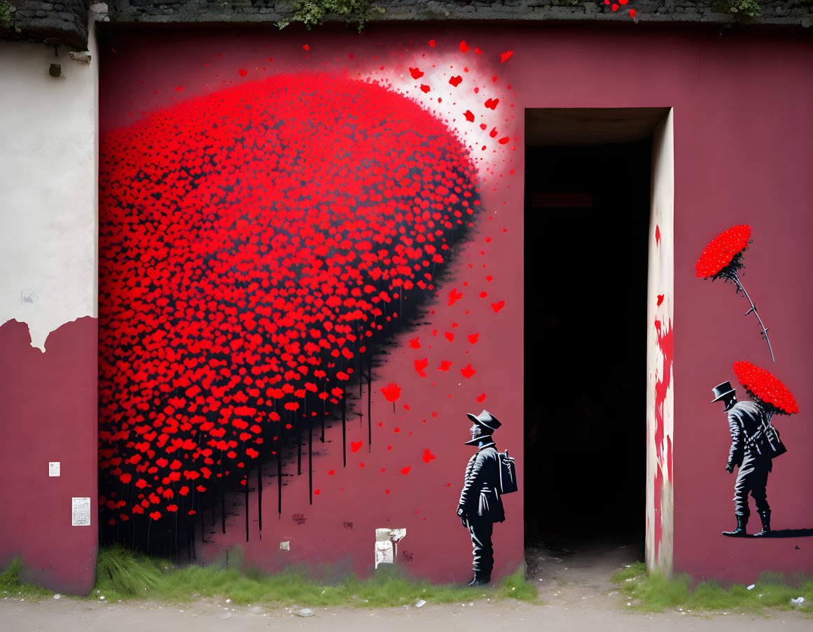 Urban mural: Two men with umbrellas in red heart petal rain