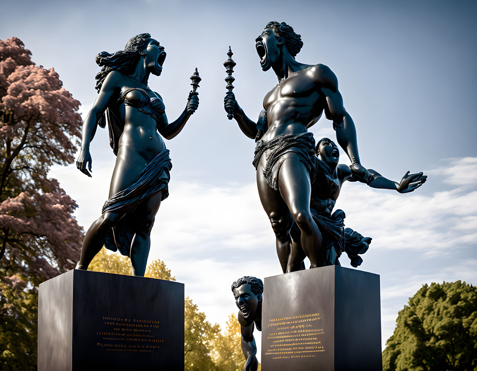 Bronze statues of man and woman mid-stride against tree-lined background